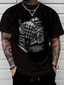 A Man In A Plaid Shirt Offers A Rose While Reflected In A Classic Car With An Elegant Skull, Symbolizing The Union Between Life And Death, Conveying Respect, Strength, And Serenity. Modern, Casual, Urban Men's T-Shirt - 黑色 - 查看 8