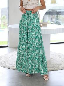 Women's Wide Leg Trousers With Elastic Waist And Print - Green and White Flowers - View 5