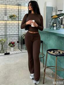Women's Casual Clothing Solid Color Two-Piece Women's Casual Waist Pleated Long-Sleeved Top With Trousers Suit - nâu sẫm - Xem 4