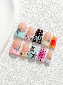 10pcs Y2K Style Handmade Nail Art Set, Pressed Nail Stickers, Colorful Fashion Diamond & Round Rhinestone Nail Decorations, Hand-Painted Star, Polka Dot & Stripe Nail Art Decals, Blue/Pink/Brown/Yellow/Orange Nail Polish, Retro Style, Includes Nail Tools (1 Jelly Sticker + 1 Nail File), 3 Sizes Available: Almond, Duck Mouth, Coffin Nails, Suitable For Party, Daily, Event, Photography, Spring/Summer Commute - Multicolor - View 14