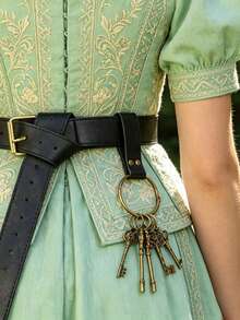 1pc Black Faux Leather Belt Key Holder With Rivets, Comes With 5 Bronze Skeleton Keys, Medieval Renaissance LARP Keychain, Costume Prop - A - View 3