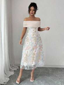 Vestido de verano minimalista y sexy con hombros descubiertos, bordado, parches de malla y volantes de punto de poliéster para mujer - Albaricoque - Ver 8