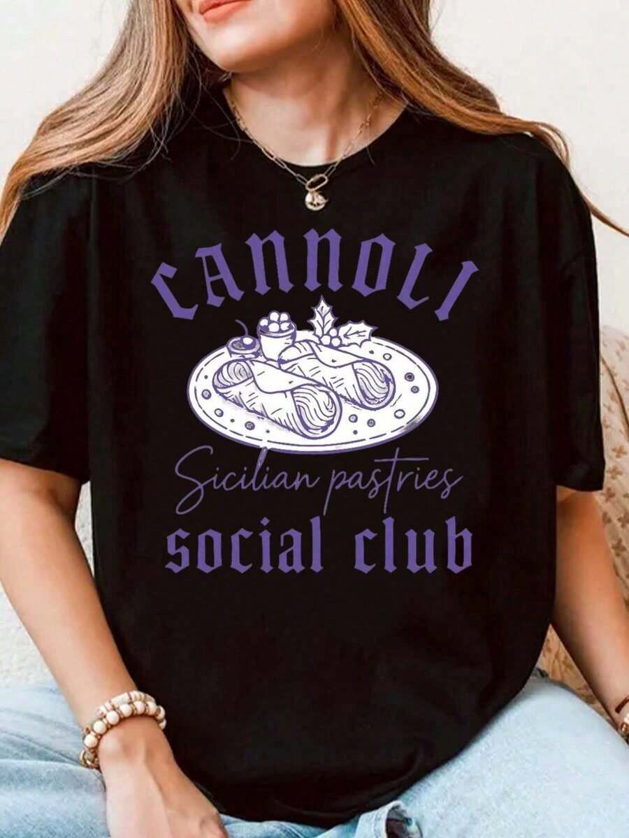 Women's Comfortable And Sporty Casual Cotton T-Shirt, Cannoli (Sicilian Pastries) Design, Ideal For Social Clubs Or As A Gift, Fashionable - 黑色 - 查看 1