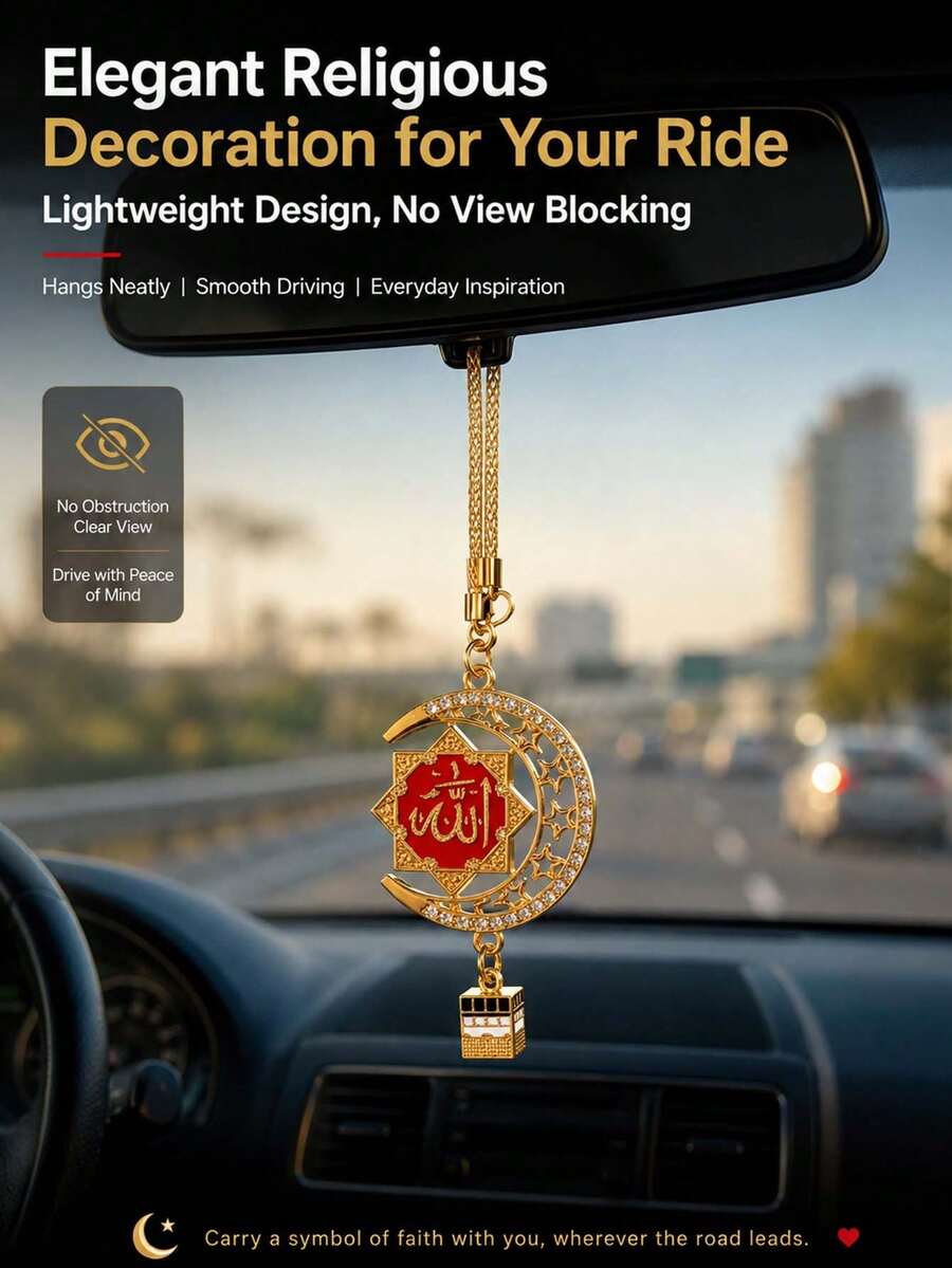 Adorno colgante para espejo retrovisor de coche con caligrafía islámica y media luna, colgante religioso musulmán con strass, 3 colores disponibles, regalo perfecto para conductores musulmanes