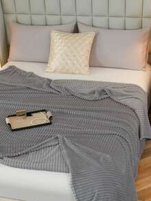 1pc Striped Soft Plush Blanket, Skin-Friendly And Comfortable For Bedroom And Guest Room, Machine Washable, Suitable For All Seasons - Light Grey - View 7