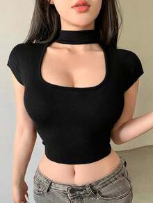 Camiseta de mujer de ajuste ceñido, cuello cuadrado, manga corta, súper corta y tipo boxy para el verano - Negro - Ver 4