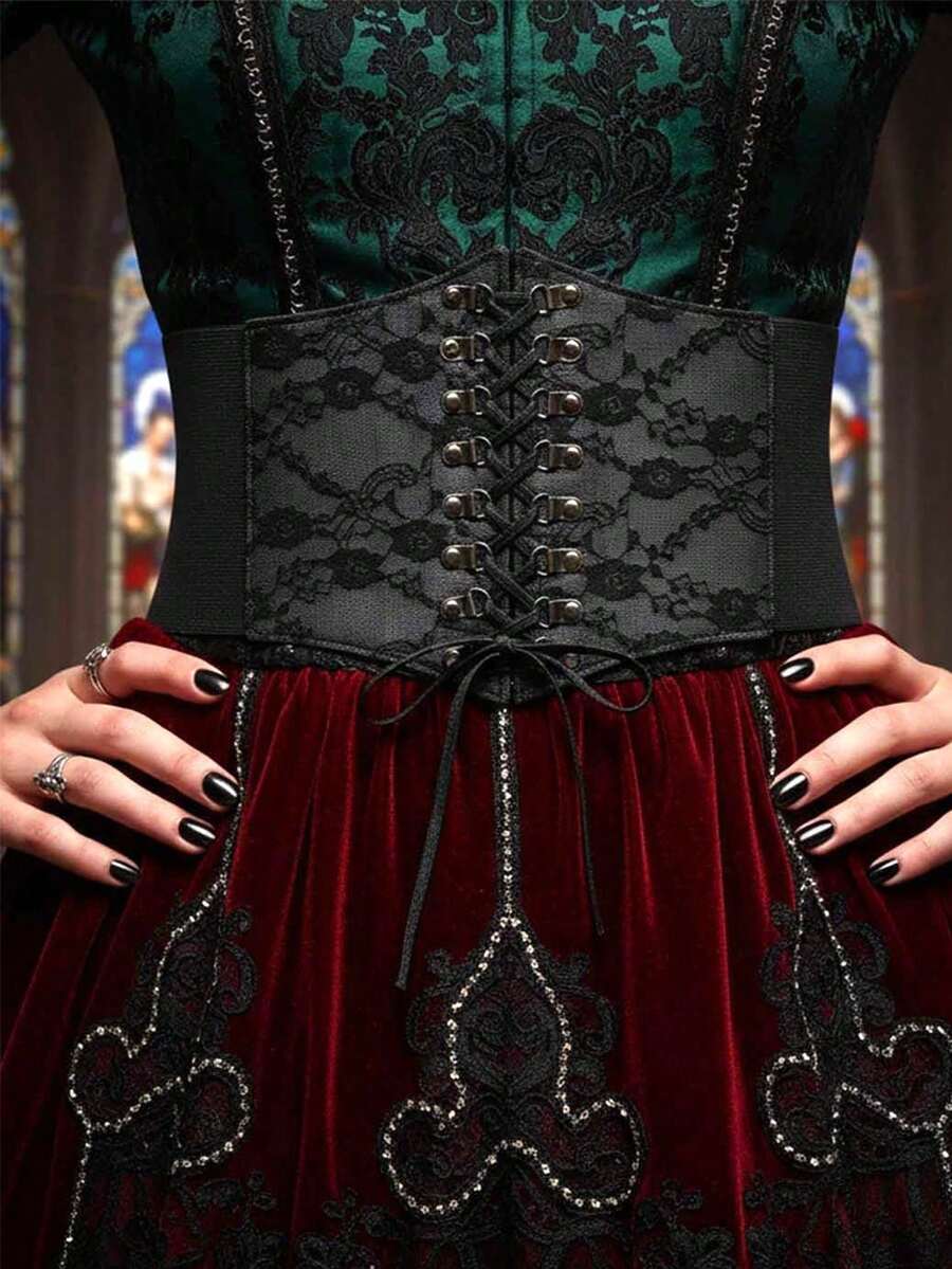 1pc Women's Renaissance Period Accessory, Black Sheer Lace Corset, Sexy Gothic Style Suitable For Halloween Party Or Daily Outfit Matching