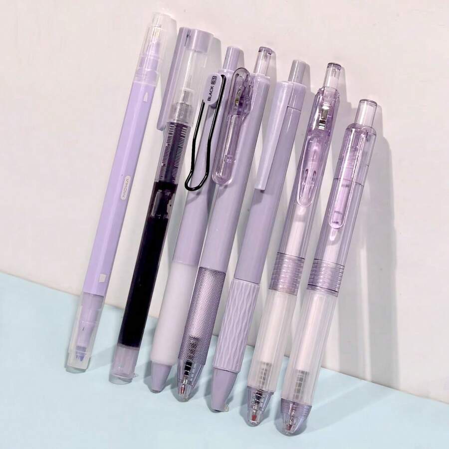 7pcs/Set ST Retractable Ballpoint Pens, Assorted Colors, Quick-Drying Ink, Suitable For Students And Office Use - Lilac Purple - View 1