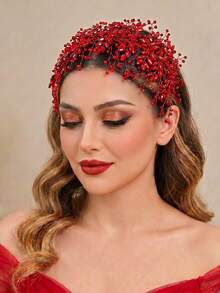 1pc Fashion Wedding Bride Rhinestone Headband Red Elegant Ladies Party Banquet Ball Headdress - Red - View 2