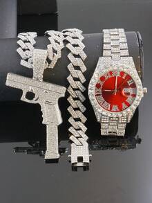 Men's Hip Hop Gun Pendant Jewelry Set, Cuban Chain Bracelet & Watch 1 Set, 15mm Diamond Street Style Shiny Set, Men's Gift, Suitable For Party & Birthday - Gun Pendant Necklace Set - View 19
