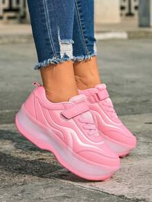 Sepatu Roda Motif Gelombang untuk Anak Perempuan, Sepatu Roda 4 Roda yang Dapat Ditarik dengan Perekat Velcro, Sepatu Olahraga Seluncur Anak-Anak - Berwarna merah muda - View 4