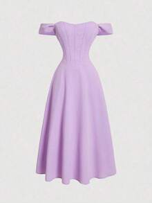 MOD Vestido romántico de un solo hombro con diseño de espina de pescado falso - Morado - Ver 1