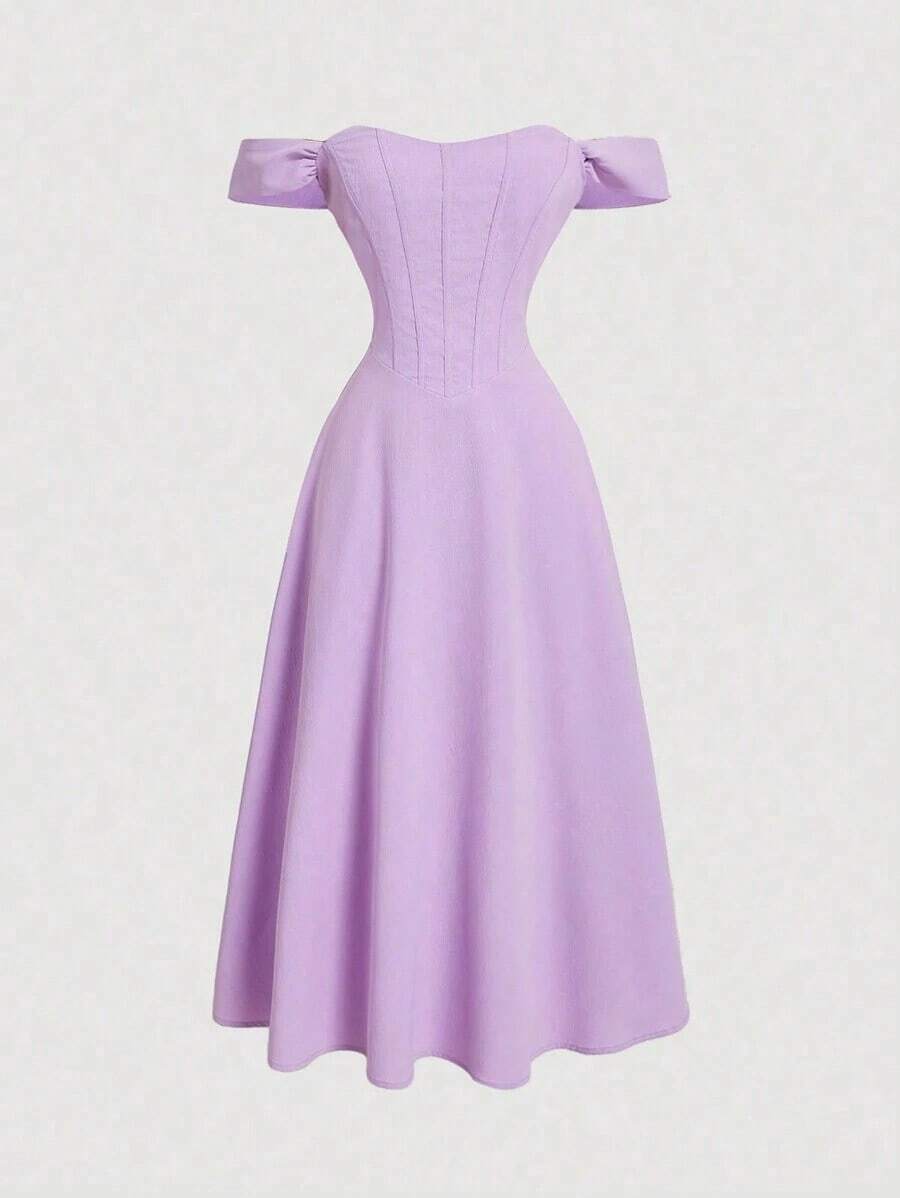 MOD Vestido romántico de un solo hombro con diseño de espina de pescado falso - Morado - Ver 1