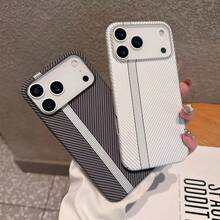 Ốp lưng bảo vệ chống sốc vân sợi carbon cao cấp tương thích với iPhone 16 14 Pro 13 12 15 Pro Max, vỏ lưng cứng, bao bảo vệ điện thoại - Sọc trắng - Xem 3