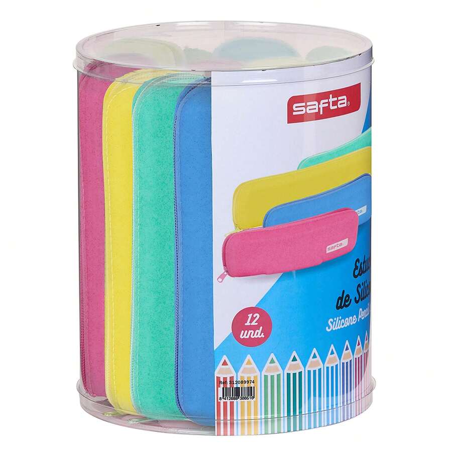 Safta | Set Of 12 Flat Pencil Cases Silicone Blue Glitter, Assorted Silicone In Transparent PVC Cylindrical Box, 4 Sizes (200x20x55 A), Ideal For School And Back To School, Zipper - Glow - View 1