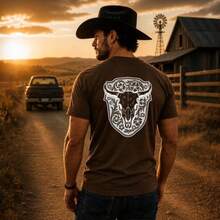 Camiseta Country Masculina Caveira De Boi Western Longhorn - Marrom - Visão 1