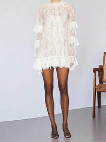 Nueva moda mujer vestido de encaje de manga larga cuello redondo vestido transparente vestido de cóctel otoño vestido gran oferta S L - B - Ver 4