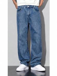 Men's Balloon Jeans, Straight Leg, Baggy Premium Streetwear, Oversized, Rapper Denim, Skater Style, Loose Fit - 藍色的 - 查看 9