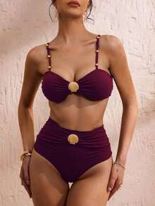 Swim Chiccia Conjunto de bikini marrón de cintura alta con control de abdomen, correa con cuentas y hebilla de metal elegante para vacaciones de mujer, primavera/verano 2025 - Burdeos - Ver 4