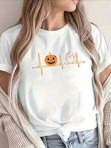 1 Piece Women's Halloween Costume, Pumpkin Heartbeat Print EKG Heart Monitor - Round Neck, Short Sleeves, Loose & Comfortable, Made Of Breathable Pure Cotton Material, Women's Party Costume, Autumn Clothing. - 白色 - 查看 12
