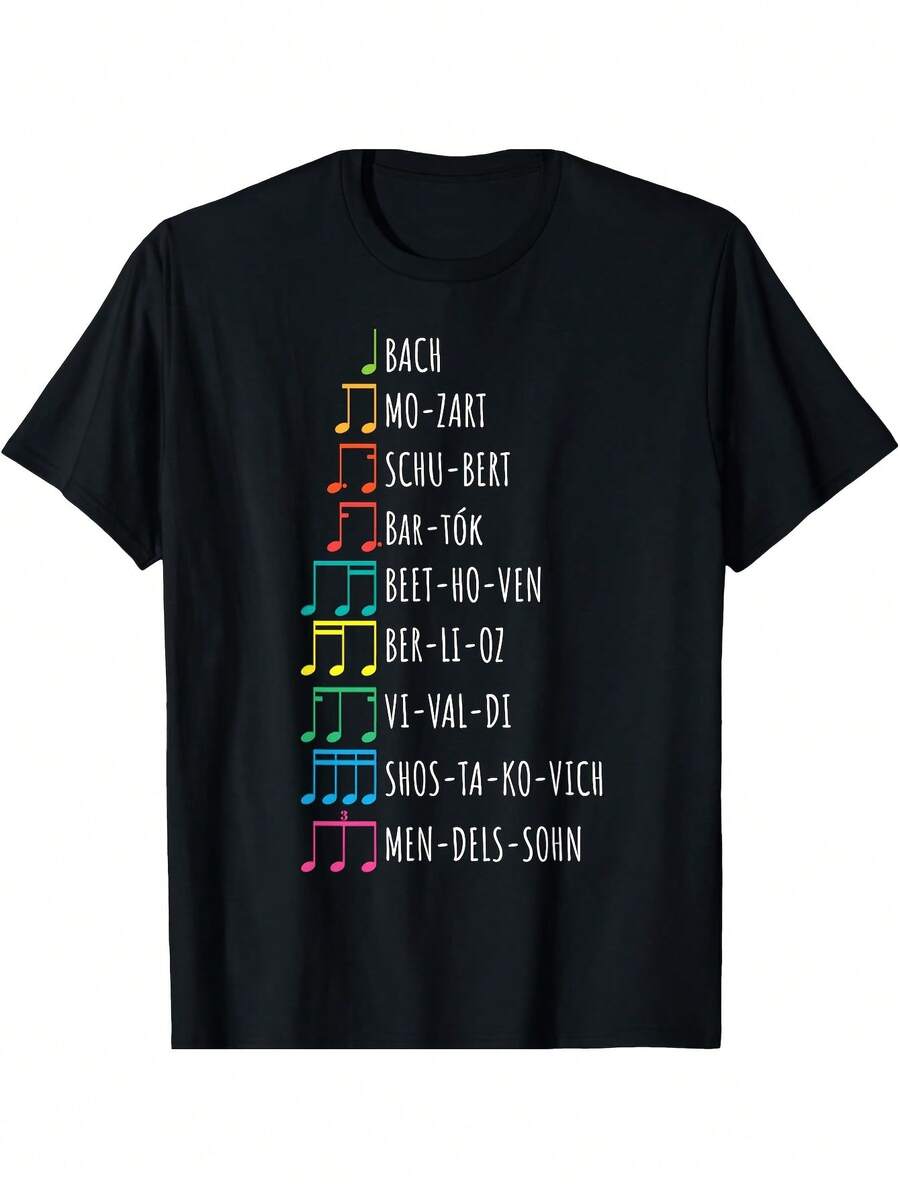 Men's Soft Cotton T-Shirt With Colorful Musical Notes Graphic - Casual Fit In Black, Suitable For All Seasons, Sizes S To XXL, Perfect Gift For Music Lovers - 黑色 - 查看 1