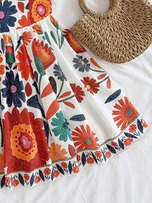 Vestido de verano corto y lindo de línea A con cintura recogida, lazo y bordado de margaritas para mujeres en vacaciones - Multicolor 2 - Ver 5