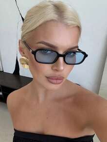 1 Pair Small Rectangular Frame Fashion Glasses, Suitable For Vacation, Travel, Sports, Driving, Festivals, Beach, Music Festivals, Outings, Summer Accessories, Holidays, Family Trips, Elegant Outfits, Street Style Accessories, Sports, Parties, Outdoor Activities, Street Looks, Fishing, Summer Beach Vacations, Outdoor, Travel, Back To School Season Collegiate Style. Rectangular Frame - Black Frame Blue Film - View 9