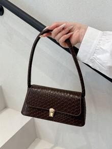柔軟面料PU皮革金屬鎖飾裝飾貝殼造型復古風法棍包女款單肩包新款女包小包手提包小方包 - 咖啡 - 查看 2