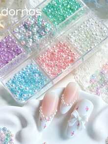 6格彩色玻璃珠美甲配件混裝 夏季海洋珍珠水鑽美甲飾品 DIY 女用美甲沙龍珠寶美甲用品 - 彩色 - 查看 2