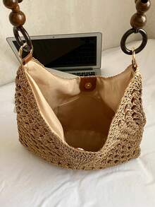 2026 Bolso de hombro tejido a ganchillo de color contrastante a la moda, bolso de hombro con asa superior tejida hueca, bolso de tote casual con decoración de cuentas de madera, artículo esencial para amantes de las vacaciones de primavera/verano en la playa y los viajes, perfecto para la playa, el resort, la piscina y las escapadas a la isla - Caqui - Ver 6