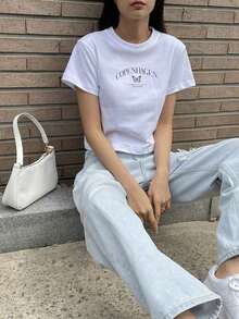 Graphic T-Shirt With Butterfly And Letters - White - View 2