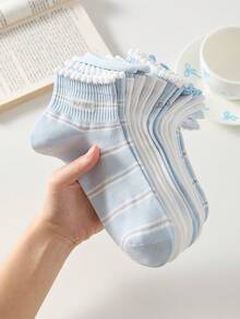 5 Pairs Women Cute Sweet White & Blue Bow, Heart, Cherry Print Short Socks, Student Socks, Comfortable Casual Creative Ruffled Socks, Random Colors, Suitable For Daily Wear All Seasons - Multicolor - View 8