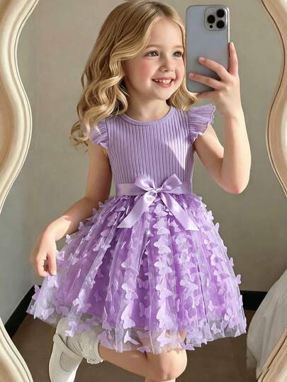 Kleine Mädchen geripptes Ärmelbündchen Schmetterling Mesh elegantes Sommerkleid mit Gürtel