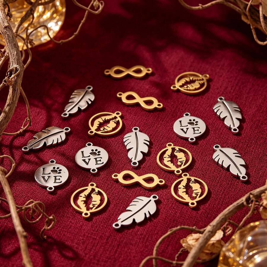 10 Pcs 304 Stainless Steel 18K Gold Plated Hollow Out Double Hole Connectors With Multiple Styles Of Infinity Symbol/Lips/Feather/Heart Paw Print, DIY Accessories For Necklace & Bracelet Making - Connector - View 1