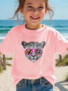 Cheetah With Sunglasses Pattern T-Shirt For Girls - Pink - View 7