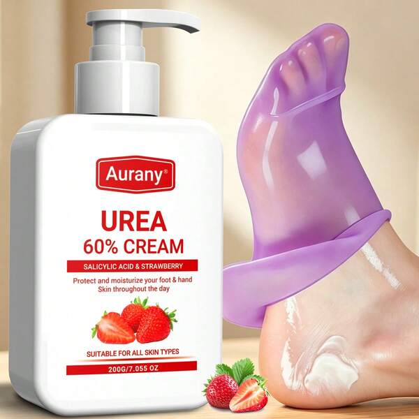 AURANY Crema de pies con 60% de urea, ácido salicílico y extracto de fresa, crema reparadora para talones agrietados para piel seca y áspera, removedor de callosidades con hidratación profunda para pies, manos, rodillas y codos, absorción rápida para el cuidado de los pies, incluye un par de calcetines de silicona para los pies, 200g
