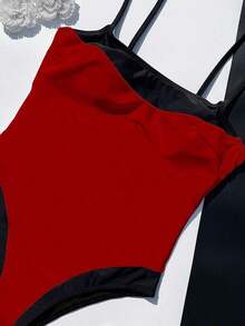 Traje de baño de una pieza con cuello cuadrado y tirantes anchos, efecto estilizante que resalta las curvas del Body, estilo de playa de moda para vacaciones - Rojo y negro - Ver 3