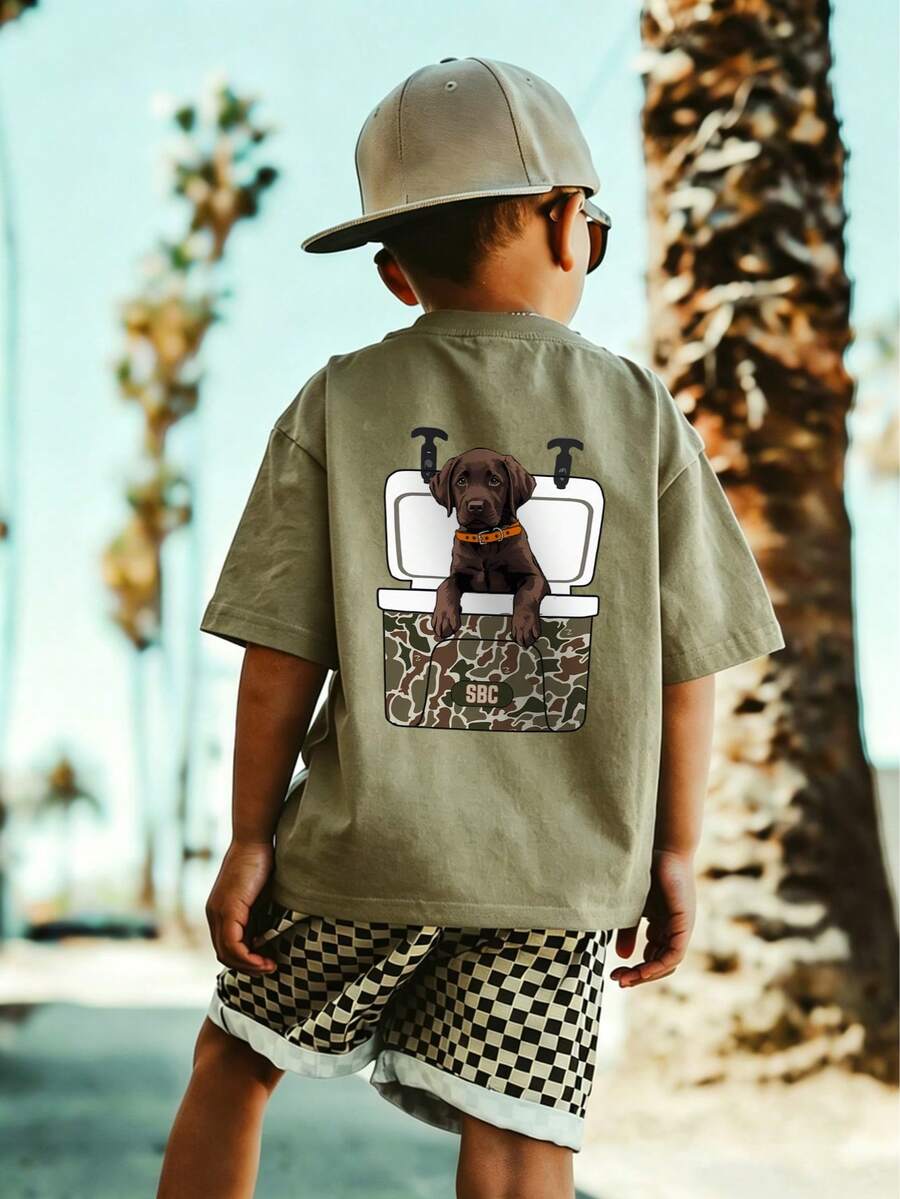 Young Boy Casual Graphic Print Crew Neck Short Sleeve T-Shirt, Summer Top - Olive Green - View 1