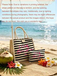 Conjunto de bolso tote y bolso de maquillaje con estampado nupcial - Bolso de hombro mini a rayas negras y blancas - Bolso de almacenamiento de artículos pequeños - Bolso de mano para vacaciones - Bolso de regalo para damas de honor - Perfecto para vacaciones en la playa, natación, compras, fiesta de boda y desplazamiento diario - Regalo perfecto para amigos y familiares - Multicolor - View 2