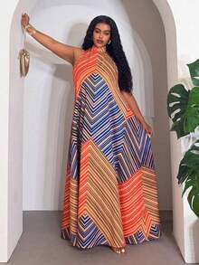 Veslaya Vestido largo de cuello alto sin mangas con estampado africano en línea A para mujer de talla, adecuado para festivales deúsica, Pascua, fiestas de cumpleaños, temporada de graduación, estilo universitario, uso diario casual, vacaciones, cruceros, playa, tomar el sol, virales, estilo callejero, invitada de boda bohemia, ir al trabajo, brunch, aeropuerto, fiestas, salidas festivas, banquetes elegantes, bailes, uso casual, clubes nocturnos de lujo - Multicolor - Ver 2