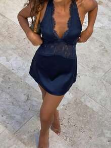 Vaiaye Women's Elegant Dark Brown Lace Patchwork Spaghetti Strap Mini Dress, Sexy Deep V Backless A-Line Party Dress, Casual Daily Date Outfit Summer - Navy Blue - View 7