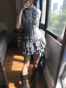 Summer Japanese Y2K Sweet Vintage Elegant Woman Sexy Retro Design Harajuku Dress Female Plaid Korea Style Chic Outfits New  Slim Fit Princess A Line Short Mini Bodycon Streetwear - Gray - 查看 3