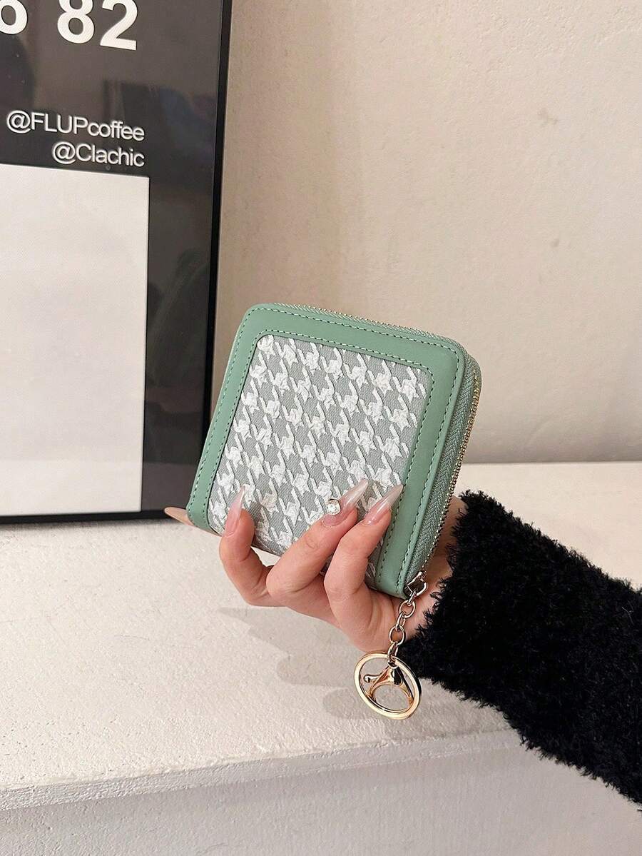 Cartera de mujer con estampado de pata de gallo en relieve, con múltiples ranuras para tarjetas y compartimento para efectivo - Verde - Ver 1