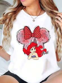 Ariel Princess With Minnie Mouse Ears And Red Bow Print Disney Women T Shirt Round Neck Short Sleeve Casual Daily Wear Summer Outfit Soft Comfortable 220g - trắng - Xem 1