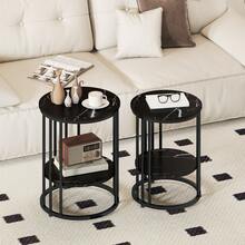 Set Of Two Marble-Effect Coffee Tables - Black - Black - View 1
