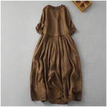 Vestido de Lino y Algodón Estilo Japonés para Mujer, Verano, Vintage, Cuello en V, Antiedad, con Volantes, Elegante, Largo, E... - Color café - Ver 2