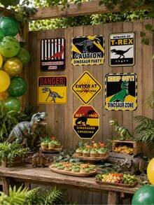 7pcs Dinosaur Theme Warning Signs, Caution T-Rex/Brachiosaurus Ahead/Proceed At Your Own Risk, Suitable For Dinosaur Theme Birthday Party Decor, Boys Bedroom Dinosaur Area Decor - Paper Dinosaur Sign - View 7