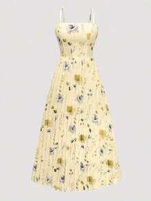 Conjunto de 2 piezas de vestido de gasa con estampado floral diminuto y chaqueta, elegante atuendo de moda para citas, vacaciones y uso casual en primavera - Amarillo - Ver 5