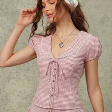 Blusa de estilo babydoll con cuello Peter Pan, manga corta con volantes y abotonadura - Rosa - Ver 8