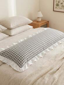 1pc Mint Chocolate Plaid Long Pillowcase (Pillow Insert Not Included), With Ruffle Design, Comfortable And Breathable Polyester Fiber Material, Suitable For Bedroom, Home Decor, Multi-Functional Daily Fresh And Cute, Plaid Pillowcase, Ruffle Design, Mint Chocolate Tone, Comfortable Bedding, Cute Aesthetic, Popular Style - Multicolor - View 3